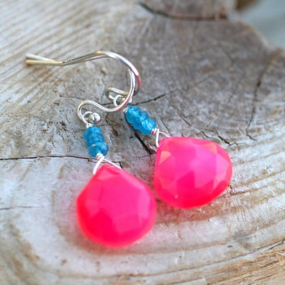 Hot Pink Chalcedony, Teal Blue Apatite Earrings - Picture 5 of 5